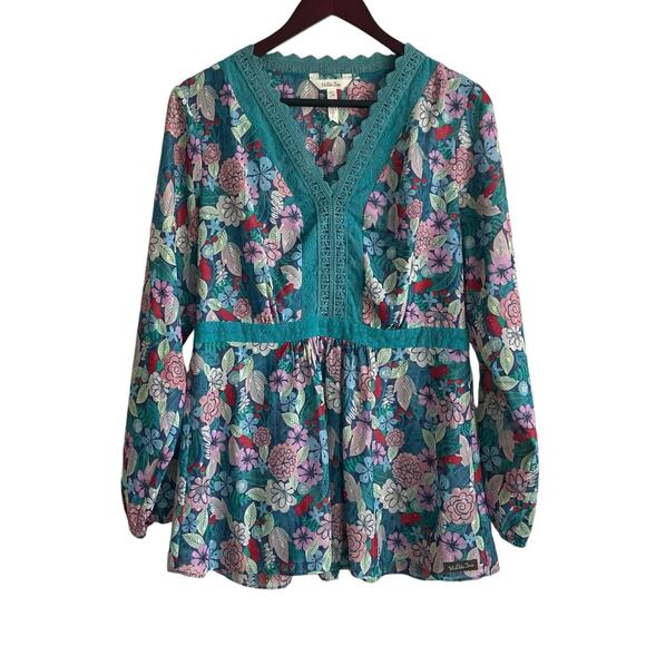 Matilda Jane Women Catalina Floral Babydoll‎ Top L Teal Cottagecore Y2K Boho - Picture 1 of 14